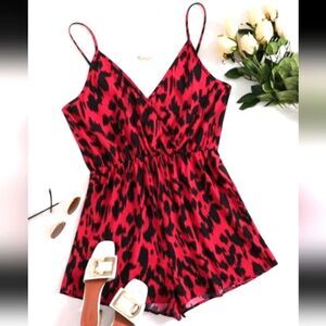Women's red print  plus size romper